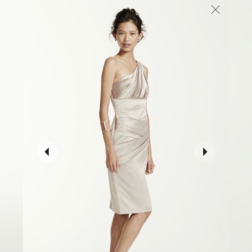 David’s Bridal dress. Size 4. Color Biscotti. One shoulder.